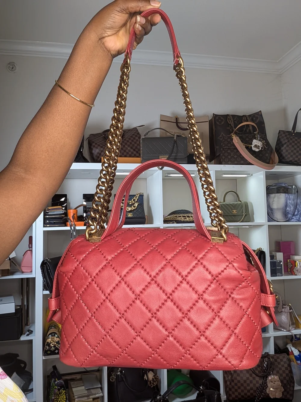 Chanel CC 2 way top handle Quilted Red Shoulder Handbag with bronze Chain